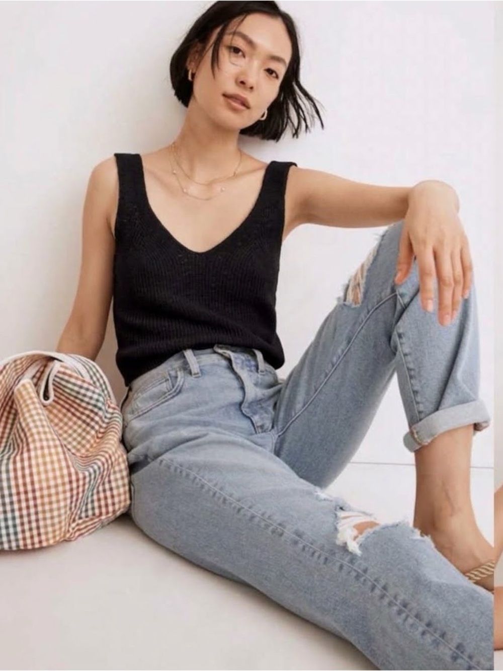 Madewell Parkwood Cotton Ribbed V-Neck Crop Sweater Tank | True Black | M